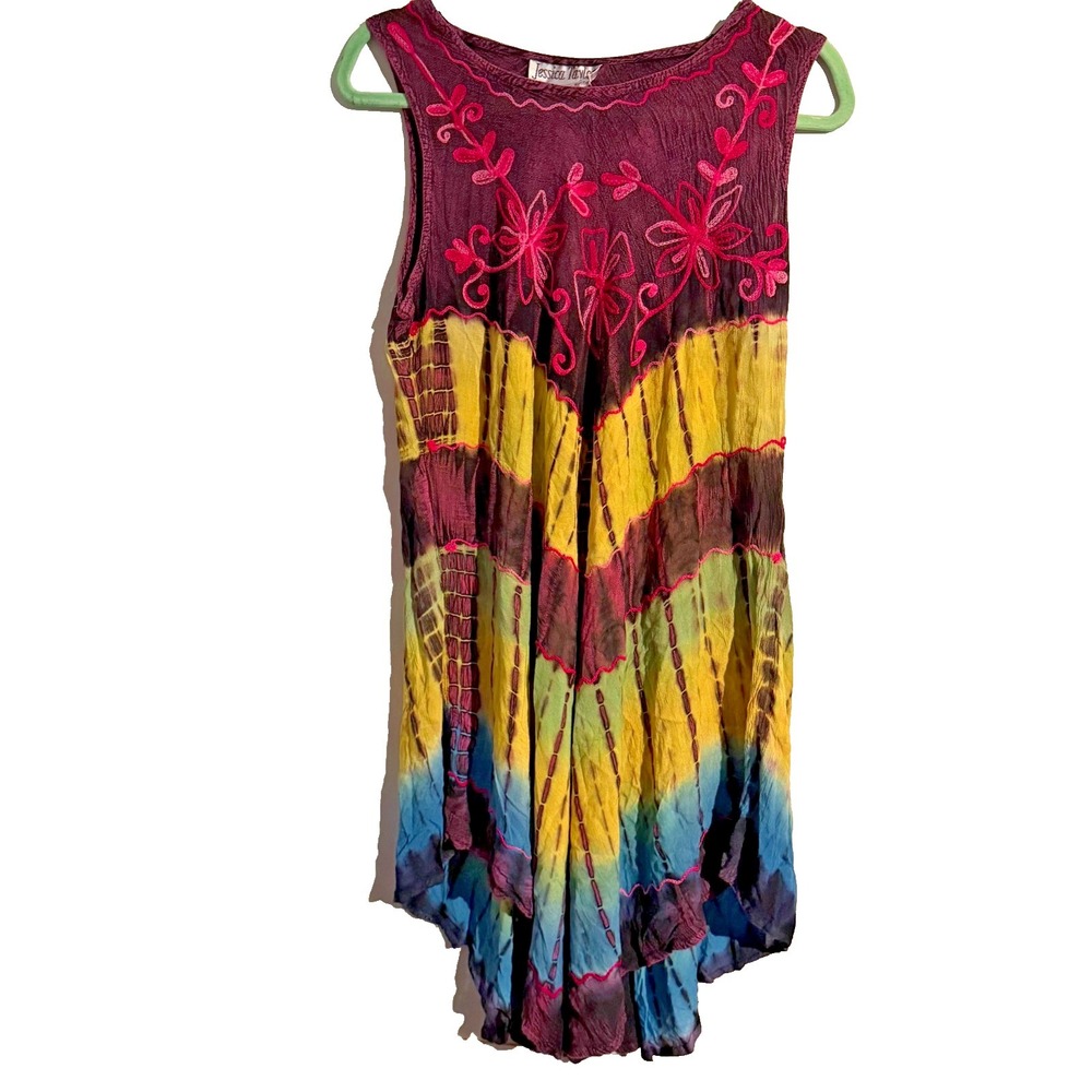 Womens Tie Dye‎ Dress Boho Earthy Assymetrical Indie Resort Embroidered